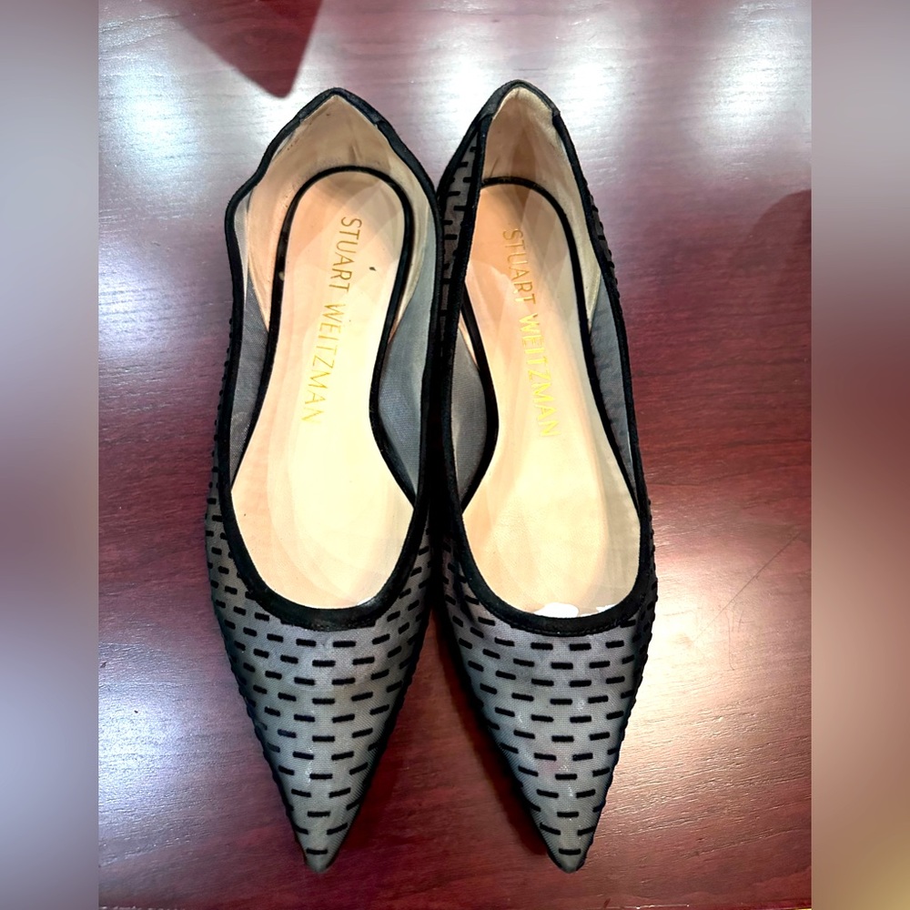 Stuart Weitzman Black Mesh Pointed-Toe Flats